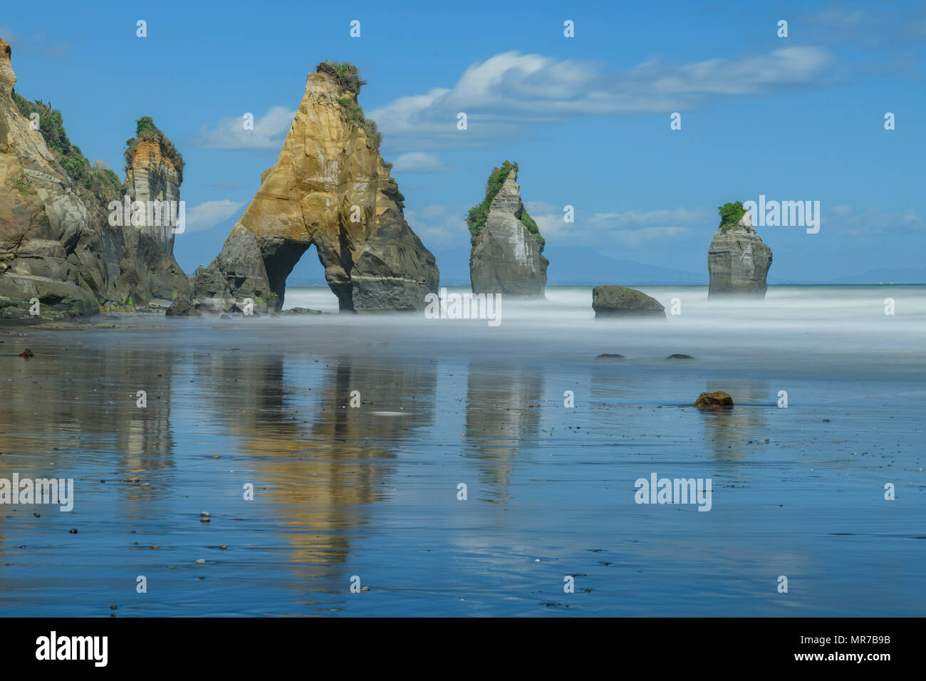 Oceania, New Zealand, Aotearoa, North Island, Taranaki Coast, New Plymouth, White Cliffs, Three Sisters Rocks, Stock Photo