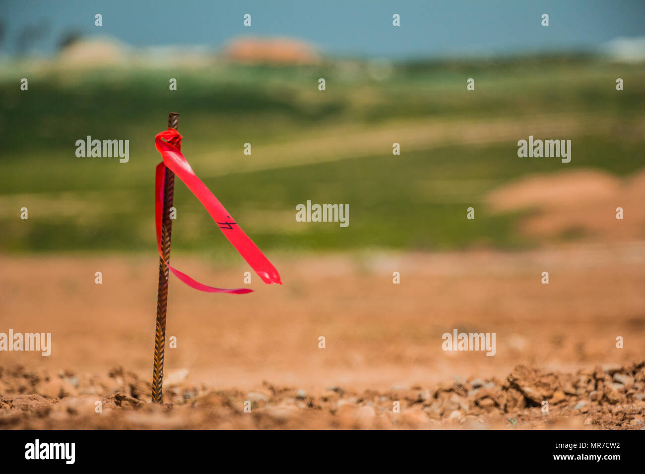 Metal survey peg with red flag on construction site Stock Photo Alamy