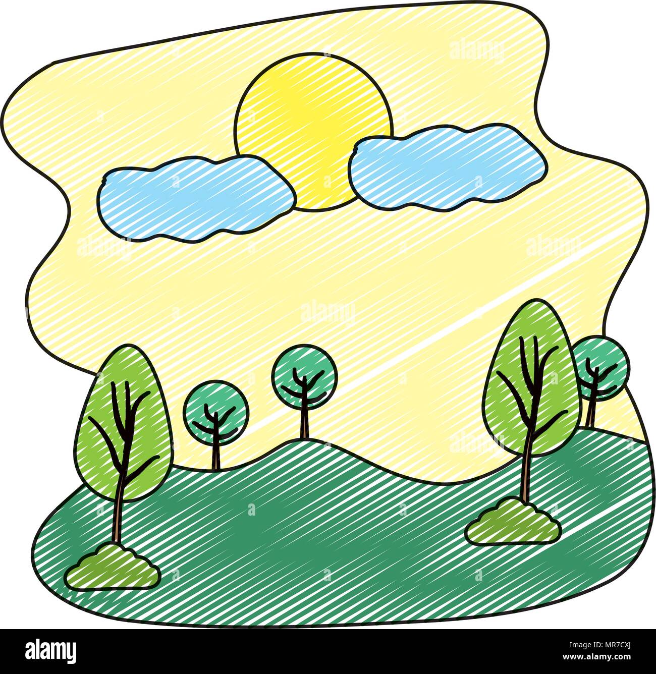 doodle nature landscape trees with sun and clouds Stock Vector Image ...