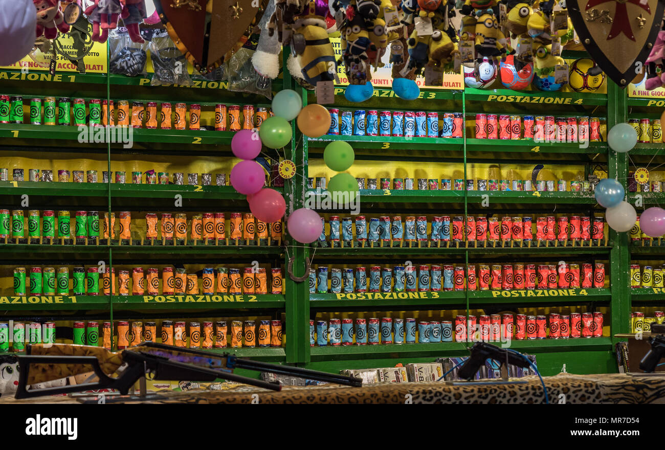 Colored jars at the shooting gallery at the country fair, image horizontal Stock Photo