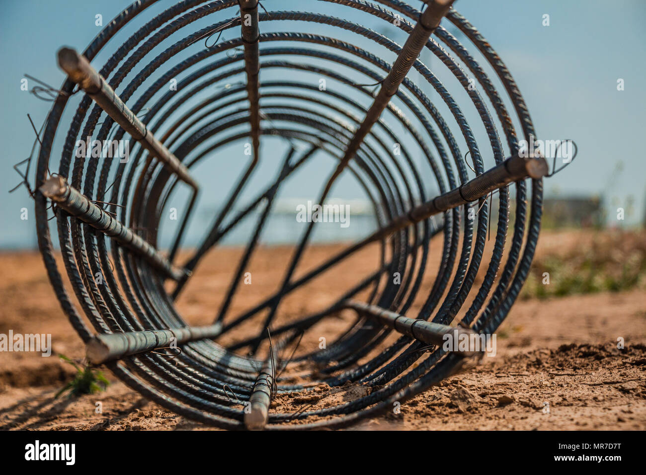 Steel rod used for poles construction with reinforce concrete at construction site Stock Photo