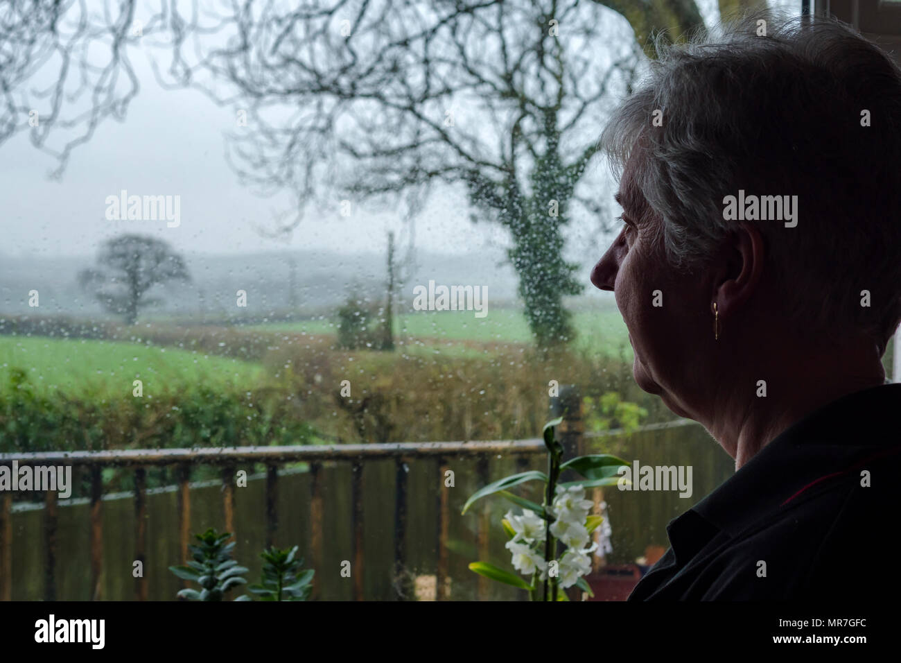 Lady looking out of the window on a rainy day Stock Photo