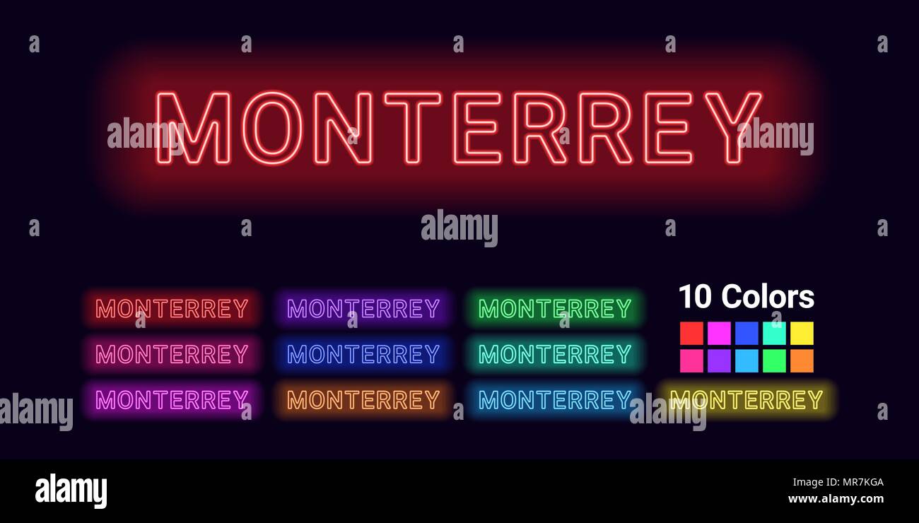 Neon name of Monterrey city. Vector illustration of Monterrey inscription consisting of neon outlines, with backlight on the dark background. Set of d Stock Vector