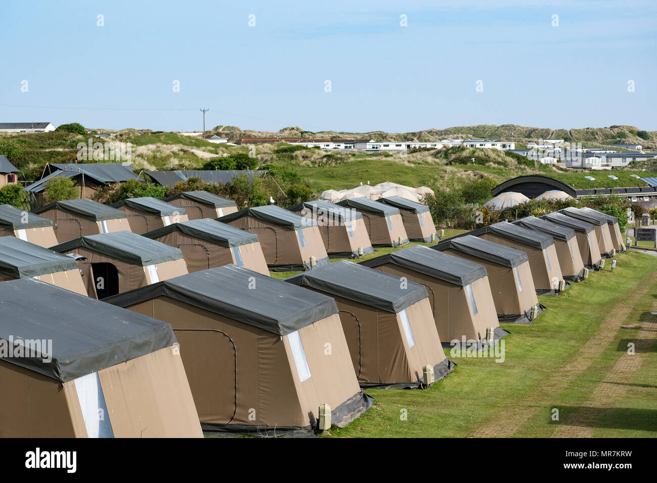 pre erected tents on a campsite in perranporth, cornwall, england
