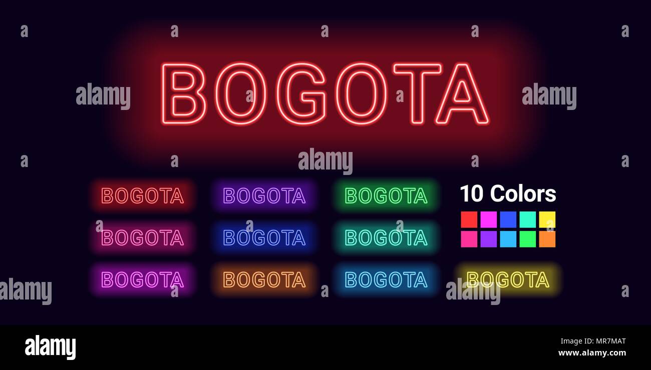 Neon name of Bogota city. Vector illustration of Bogota inscription consisting of neon outlines, with backlight on the dark background. Set of differe Stock Vector