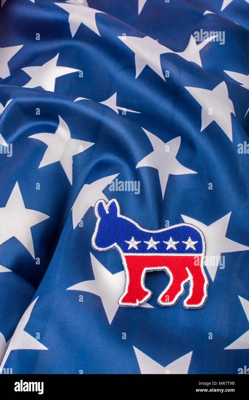 US DNC / Democrat Party patch with Stars and Stripes flag. 2026 Midterms, 2024 Presidential elections USA, US Primaries, Super Tuesday, Democrats 2024 Stock Photo