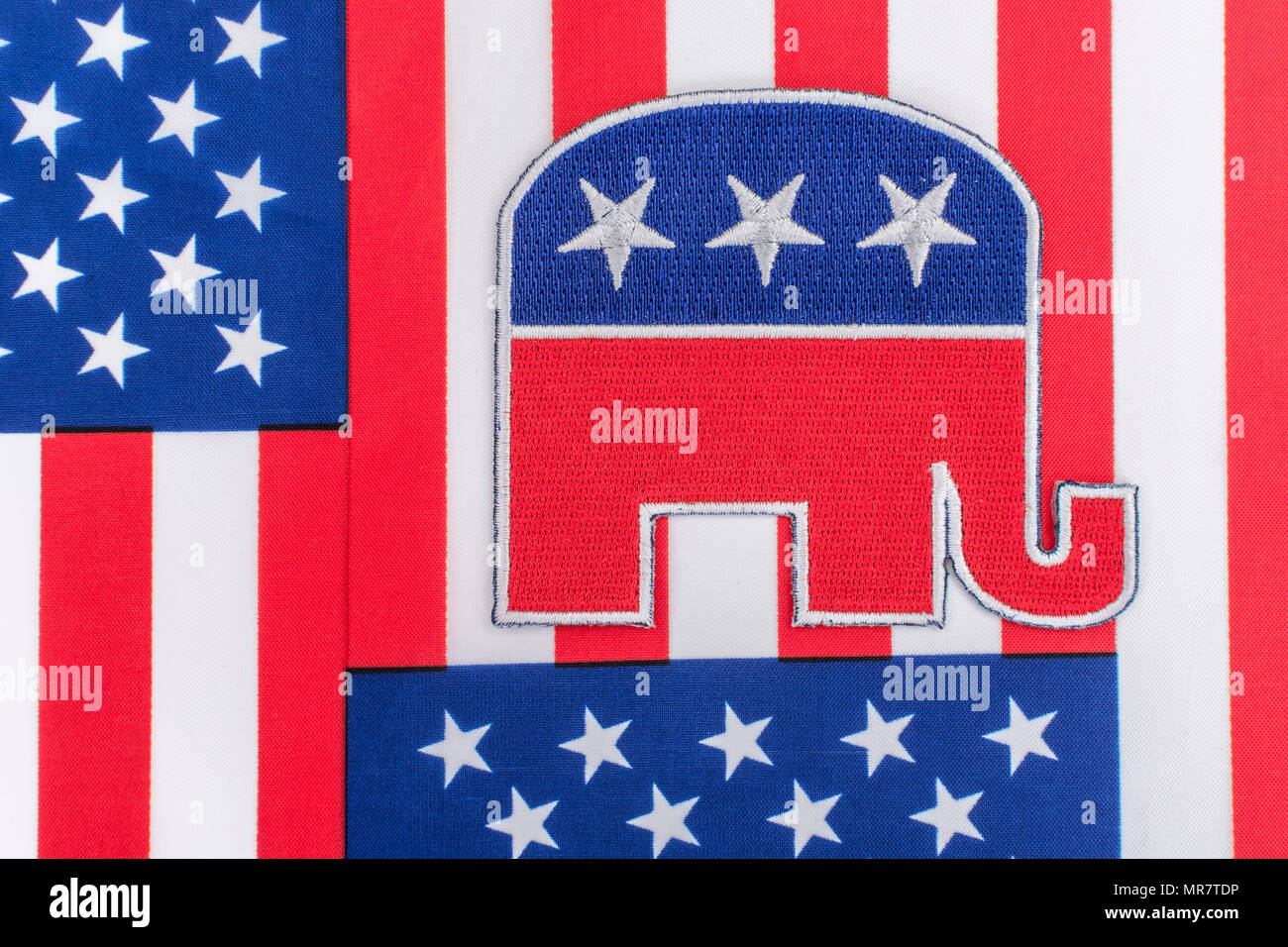GOP / Republican Party patch with Stars & Stripes flag. For US Midterms, Presidential elections, US Primaries, US politics, Republicans 2024 red wave. Stock Photo