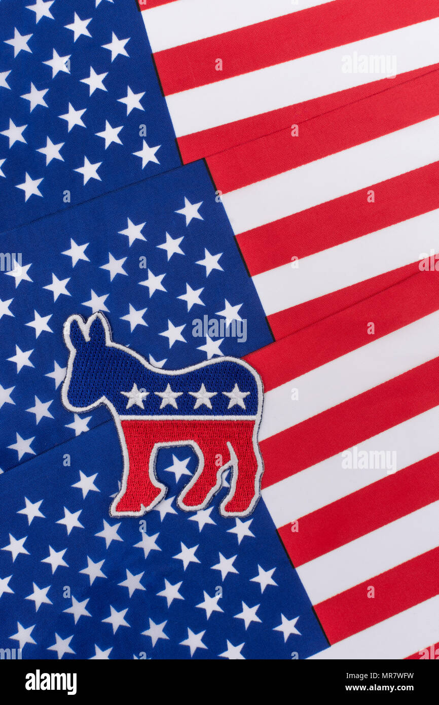 US DNC / Democrat Party patch with Stars and Stripes flag. 2026 Midterms, 2024 Presidential elections USA, US Primaries, Super Tuesday, democrats 2024 Stock Photo