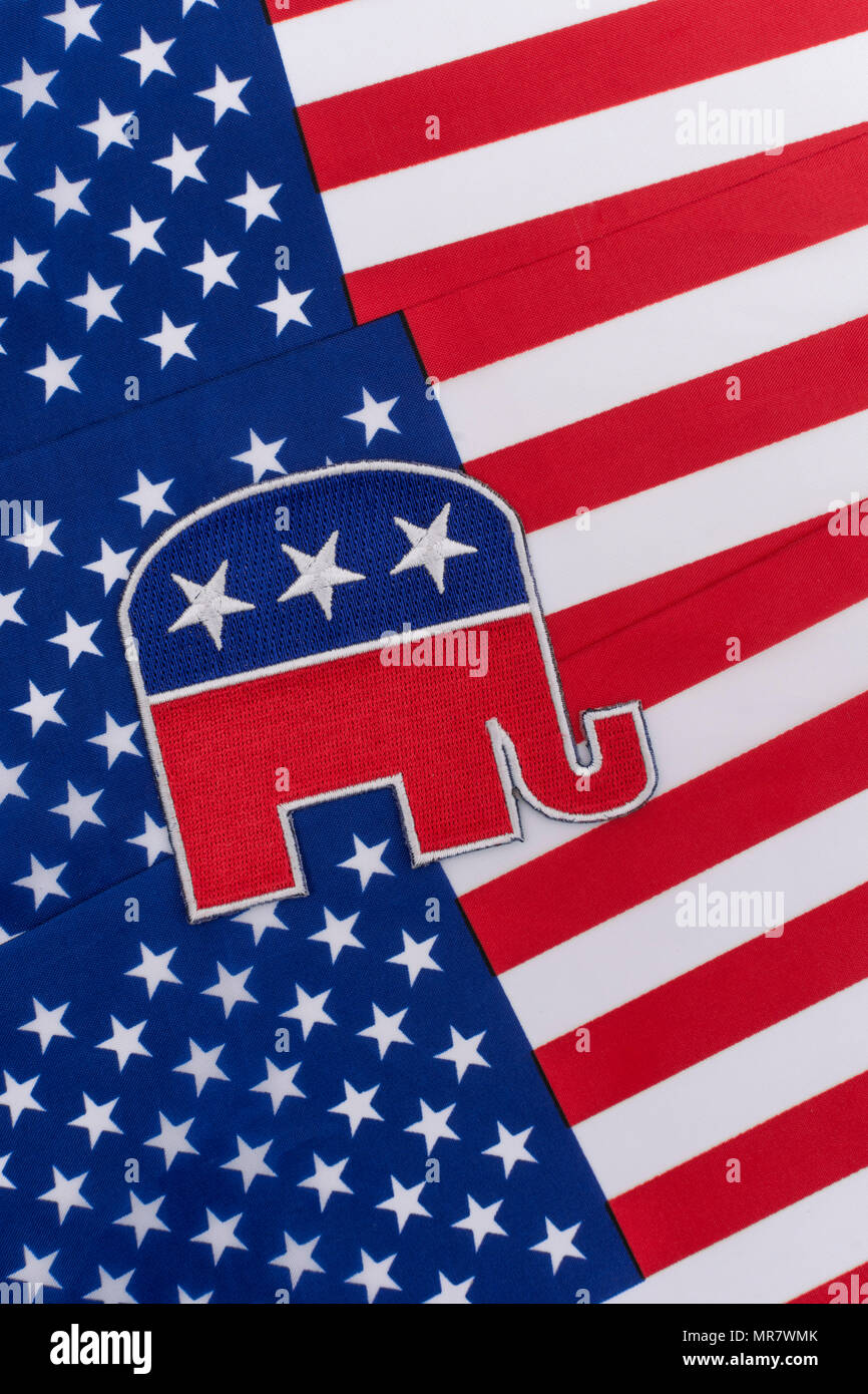 GOP / Republican Party patch with Stars & Stripes flag. For US Midterms, Presidential elections, US Primaries, US politics, Republicans 2024 red wave. Stock Photo