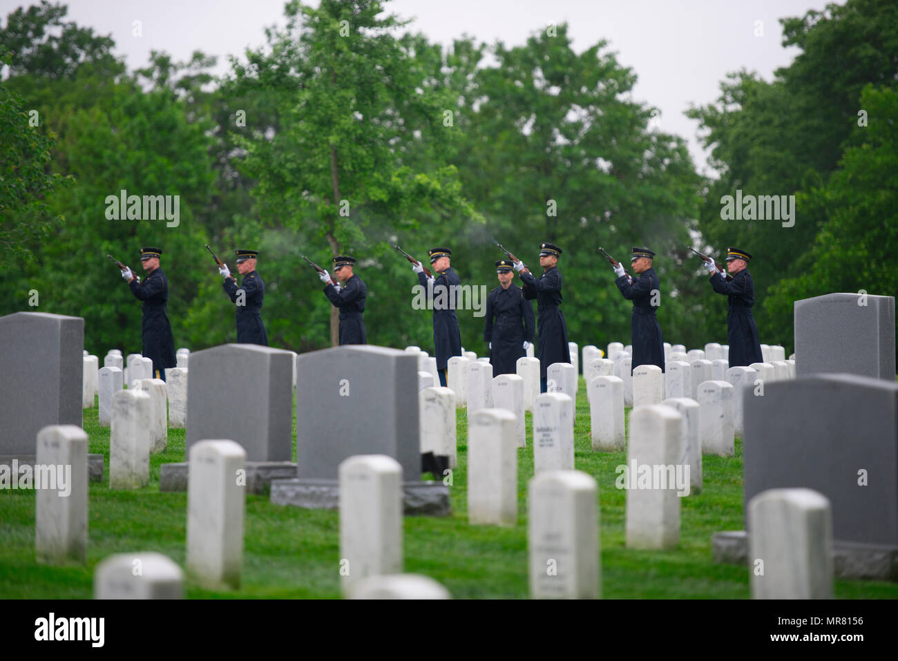 Members of the 3d U.S. Infantry Regiment (The Old Guard) perform a three rifle volley during the