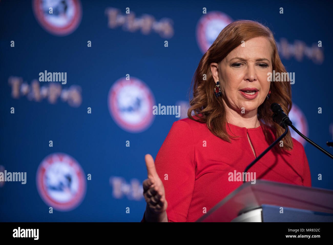 Ms. Kimberly Dozier, former CBS journalist, speaks about her battle with survivor’s guilt during the Tragedy Assistance Program for Survivors (TAPS) Grand Banquet at the 23rd TAPS National Military Survivor Seminar and Good Grief Camp in Arlington, Va., May 27, 2017. Ms. Dozier was wounded in a 2006 car bombing in Iraq that killed several service members and two CBS co-workers. (DoD Photo by U.S. Army Sgt. James K. McCann) Stock Photo