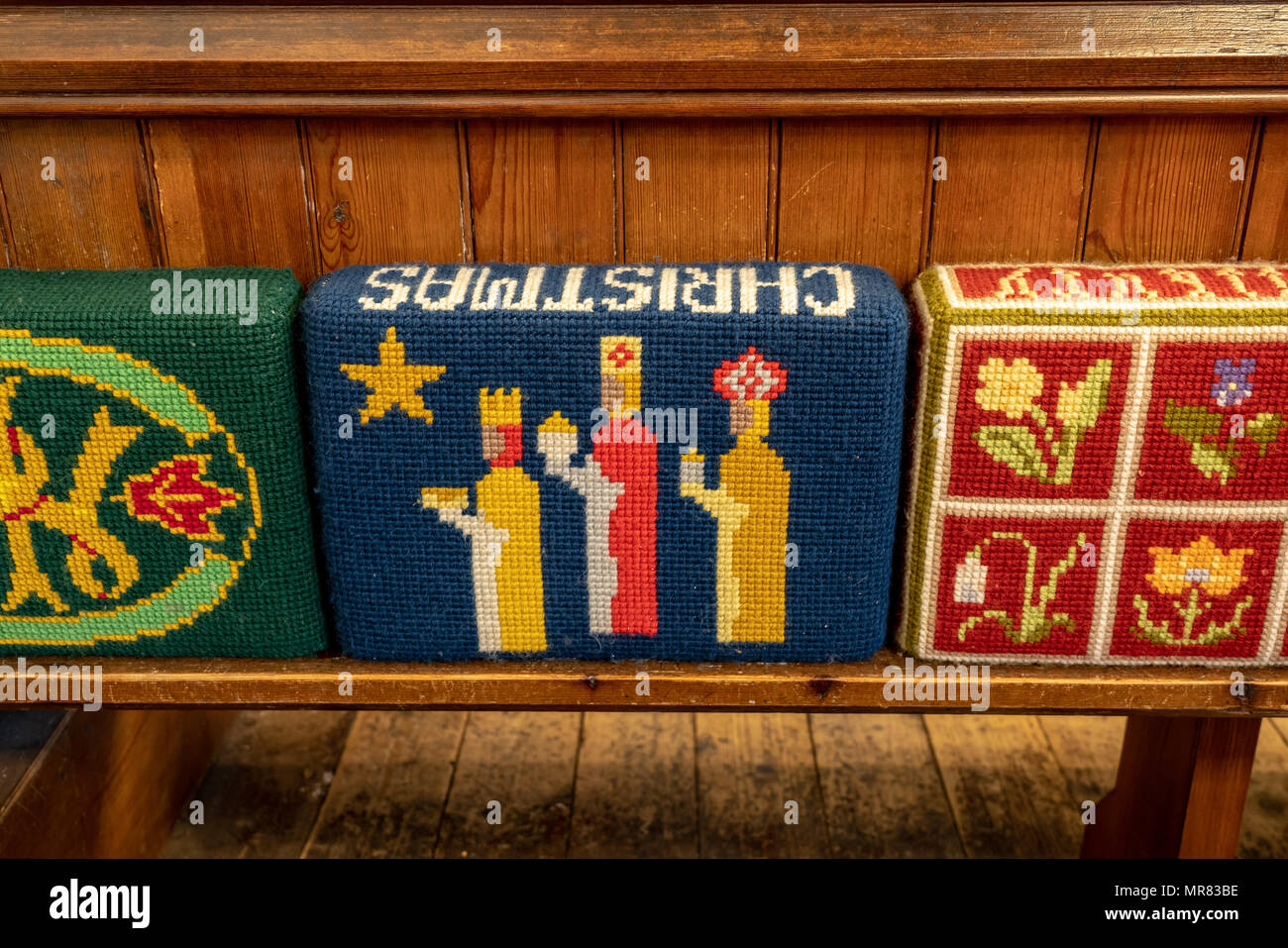 Kneeling cushions in St Michael and All Angels church in Hughenden Stock Photo
