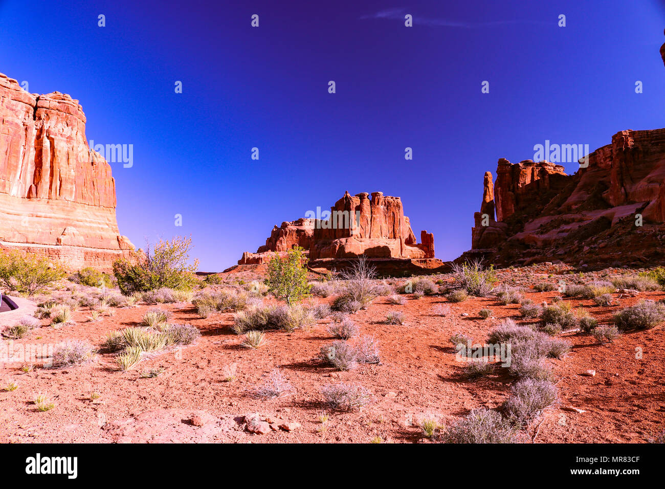 The red desert sand leads the way to a towering sandstone formation with a brilliant blue sky back drop. Stock Photo