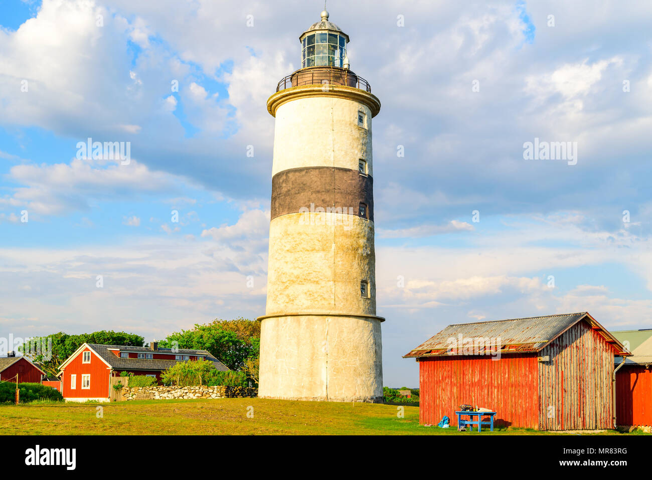 The lighthouse and surrounding landscape at Morups Tange outside Falkenberg in Sweden. Stock Photo