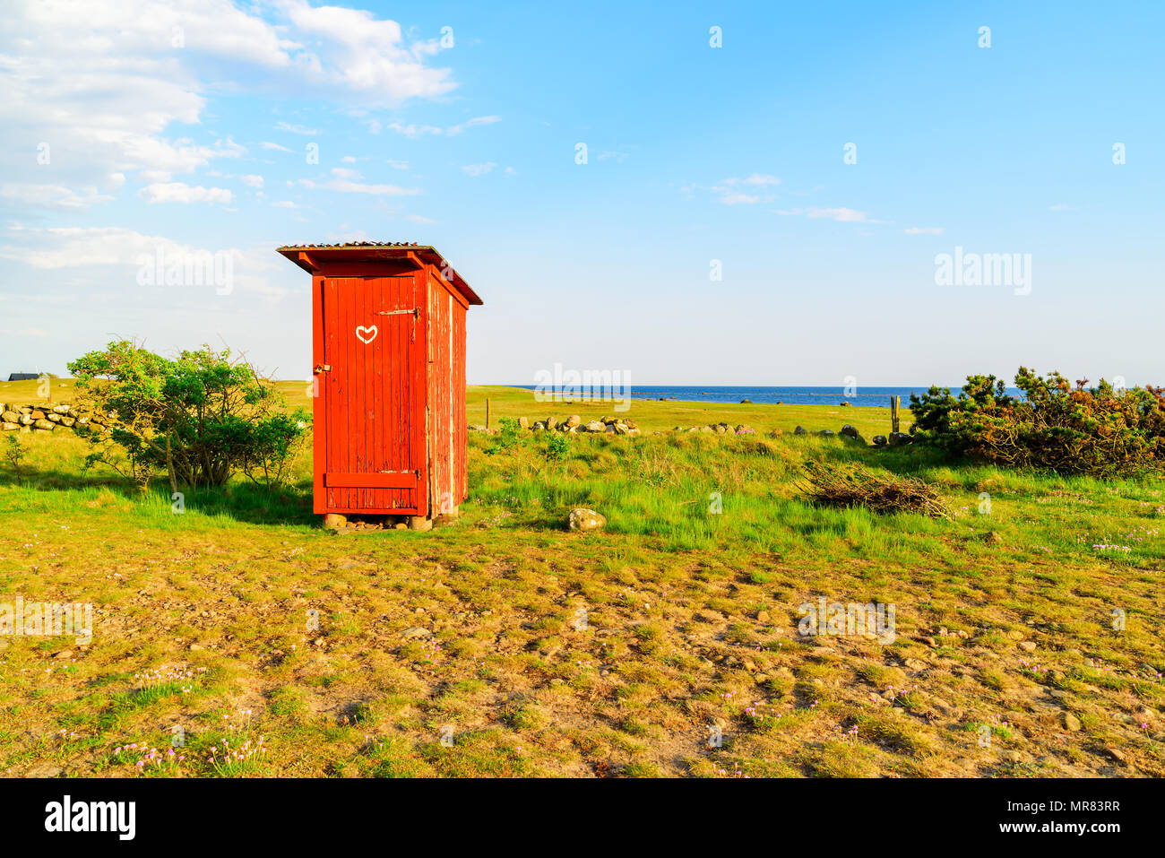 Lovely little red outhouse on a coastal meadow on a sunny day. Stock Photo