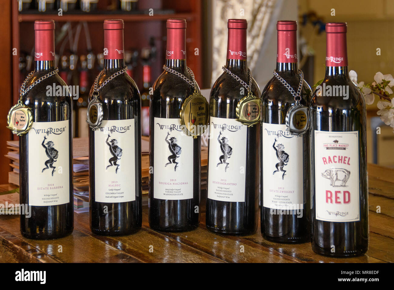 Award-winning wines on display at Wilridge Winery at Naches Heights, central Washington. Stock Photo