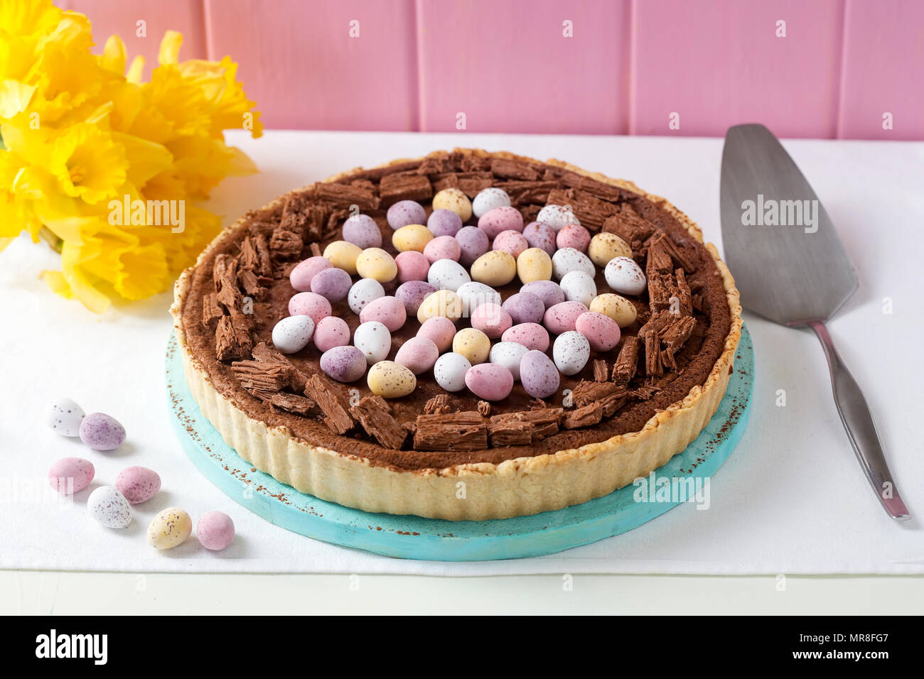 Chocolate egg tart with chocolate eggs Stock Photo Alamy