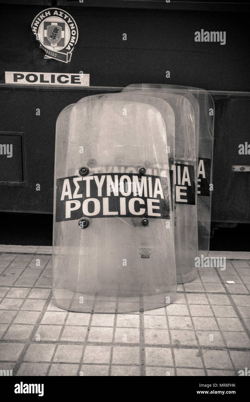 Police Shield in Greece prior to protest Stock Photo