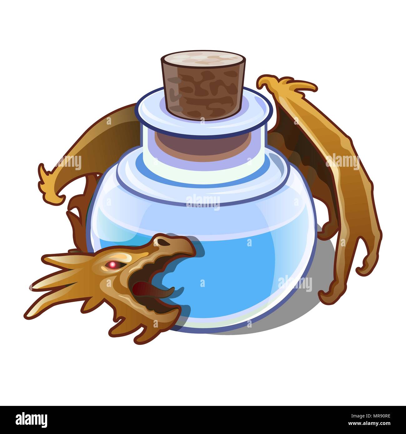 Blue liquid in the vial is guarded by a dragon isolated on white background. Vector cartoon close-up illustration. Stock Vector