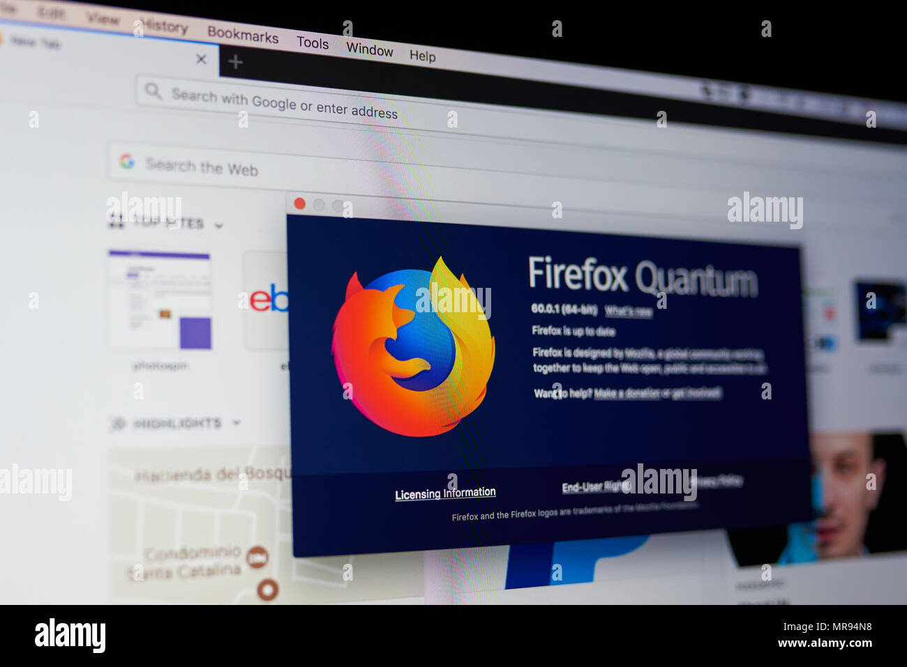 New york, USA - May 25, 2018: Firefox quantum internet browser menu on laptop screen Stock Photo