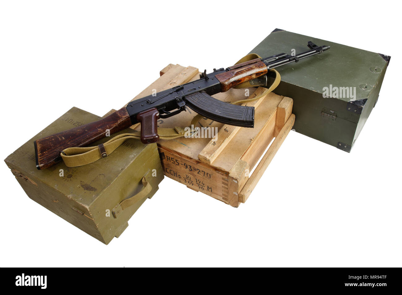 Soviet army ammunition box with ak-47 rifle and ammunition belt isolated on  white background. Text in russian - type of ammunition (RGD 5 UZRGM - hand  Stock Photo - Alamy