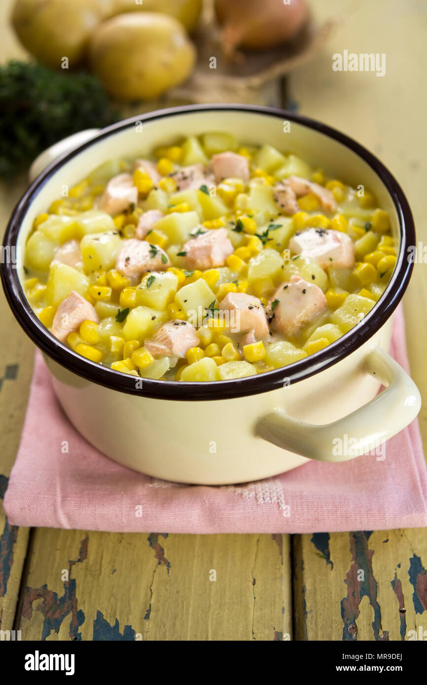 Salmon sweet, corn, potatoes chowder Stock Photo Alamy