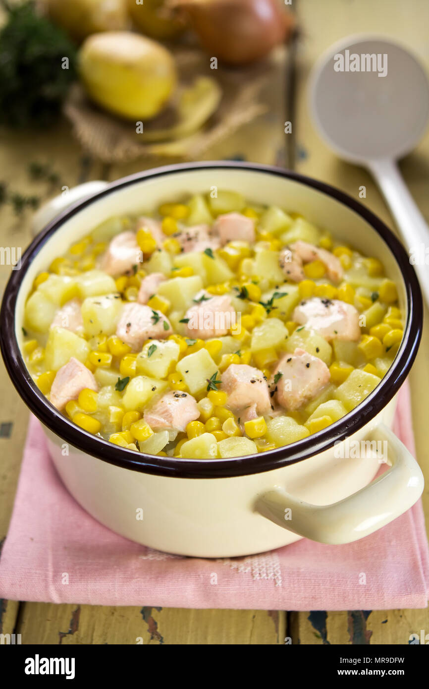 Salmon sweet, corn, potatoes chowder Stock Photo Alamy