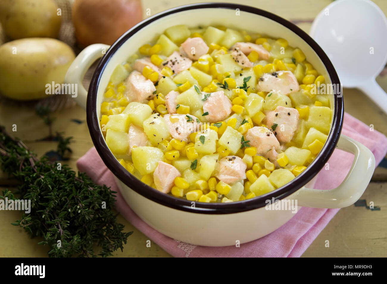 Salmon sweet, corn, potatoes chowder Stock Photo Alamy