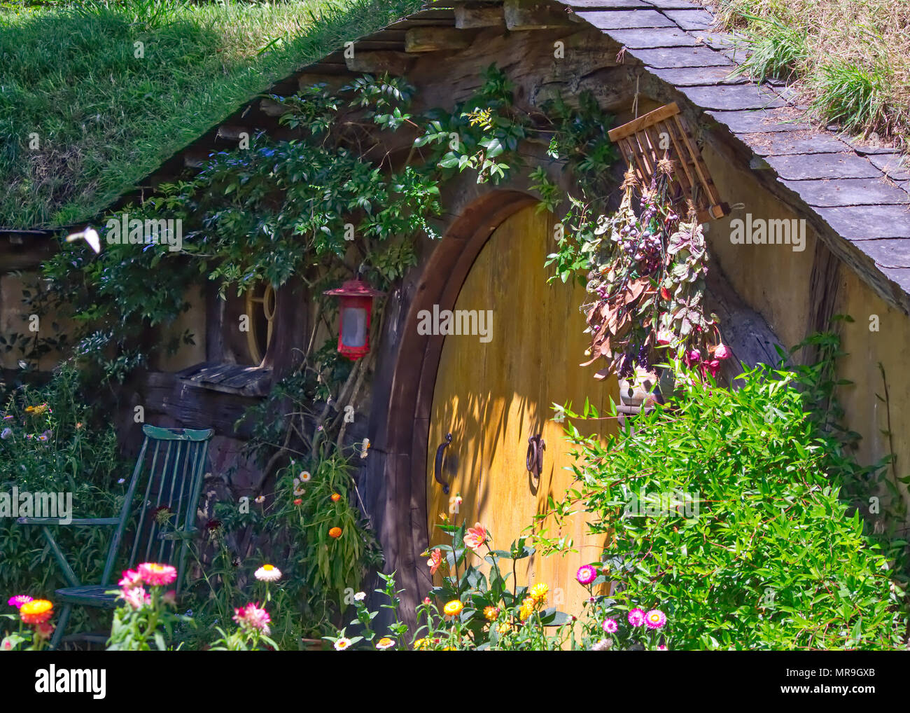 hobbit hole in Hobbiton, Nz Stock Photo