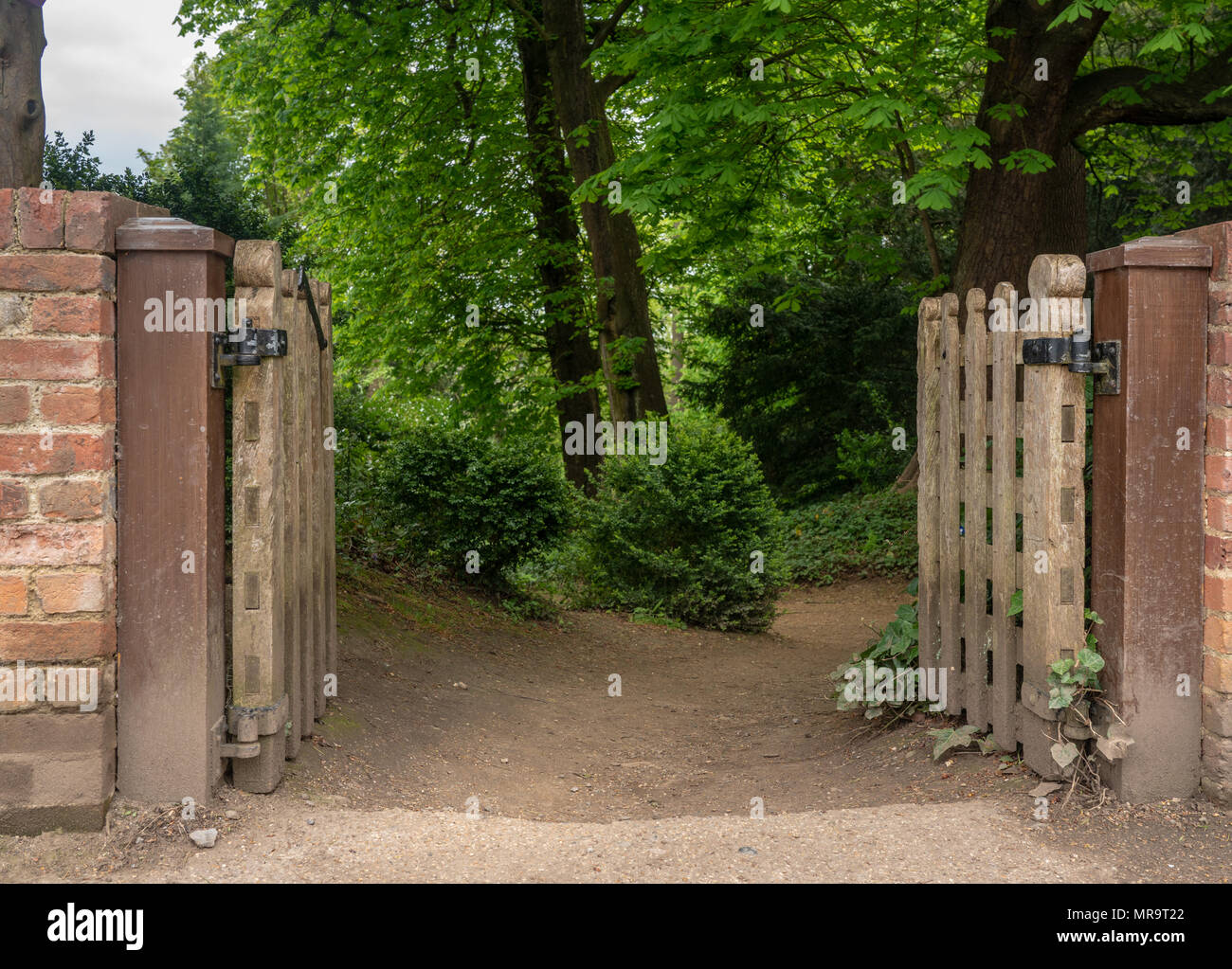 Wooden Gateway Into Mysterious Forest Path Stock Photo Alamy