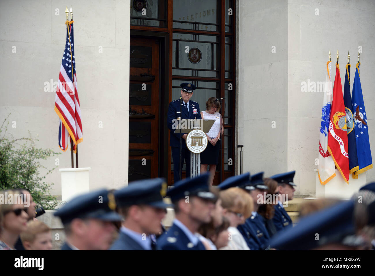U.S. Air Force Maj. Gen. Timothy G. Fay, Headquarters U.S. Air Forces in Europe and Air Forces Africa director, operations, strategic deterrence and nuclear integration, speaks to an audience during the Madingley Memorial Day Ceremony May 29, 2017, at Madingley Memorial Cemetery in Cambridge, England. The event included a wreath laying, fly overs and a firing of volleys. (U.S. Air Force photo by Senior Airman Christine Groening) Stock Photo