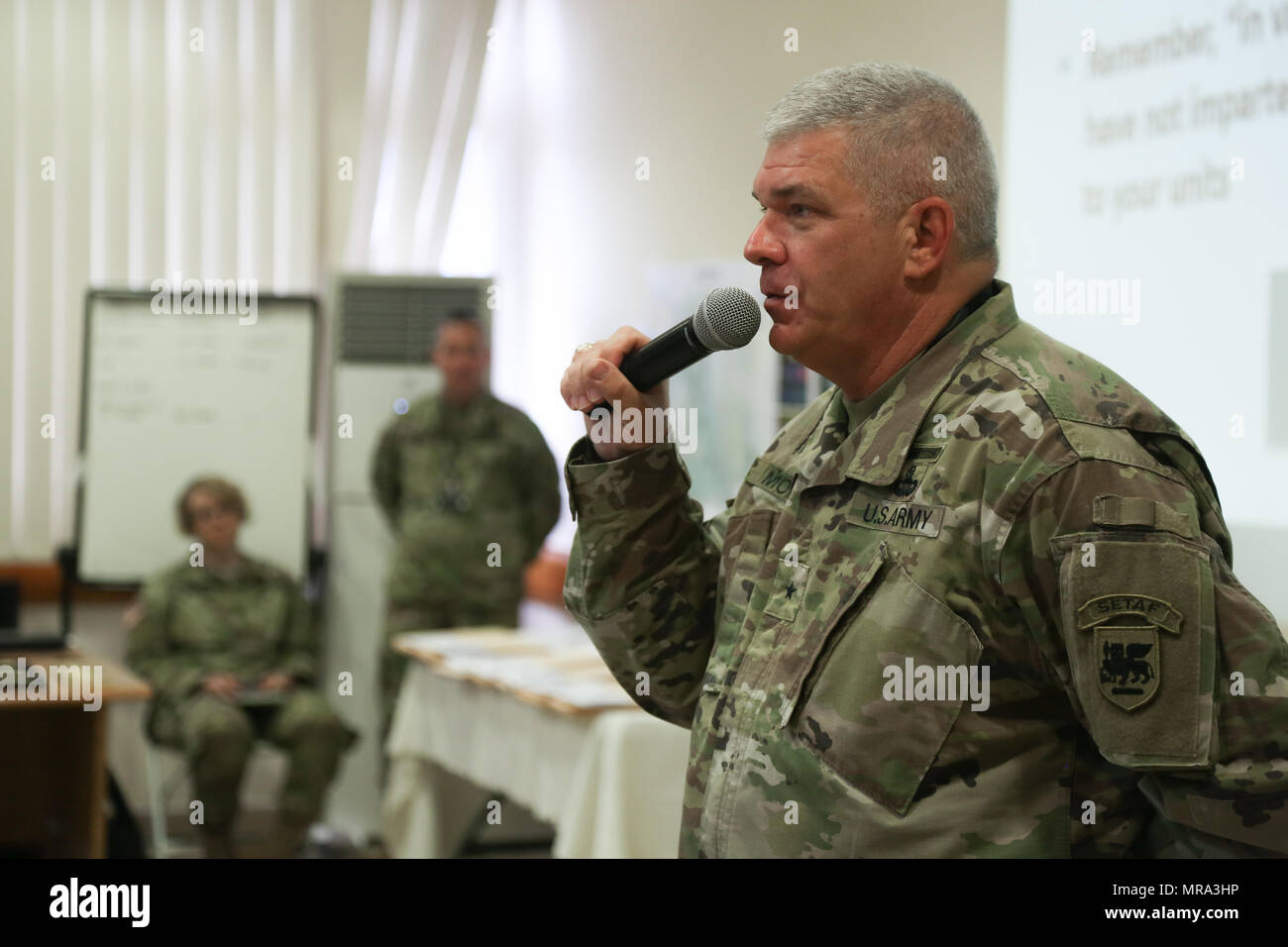 U.S. Army Brig. Gen. Kenneth Moorer, Deputy Commander U.S. Army Africa, speaks during an award presentation before the closing ceremony for United Accord 2017 at the Kofi Annan International Peacekeeping Training Centre in Accra, Ghana, May 30, 2017. United Accord (formerly Western Accord) 2017 is an annual, combined, joint military exercise that promotes regional relationships, increases capacity, trains U.S. and Western African forces, and encourages cross training and interoperability. (U.S. Army photo by Pfc. Joseph Friend) Stock Photo