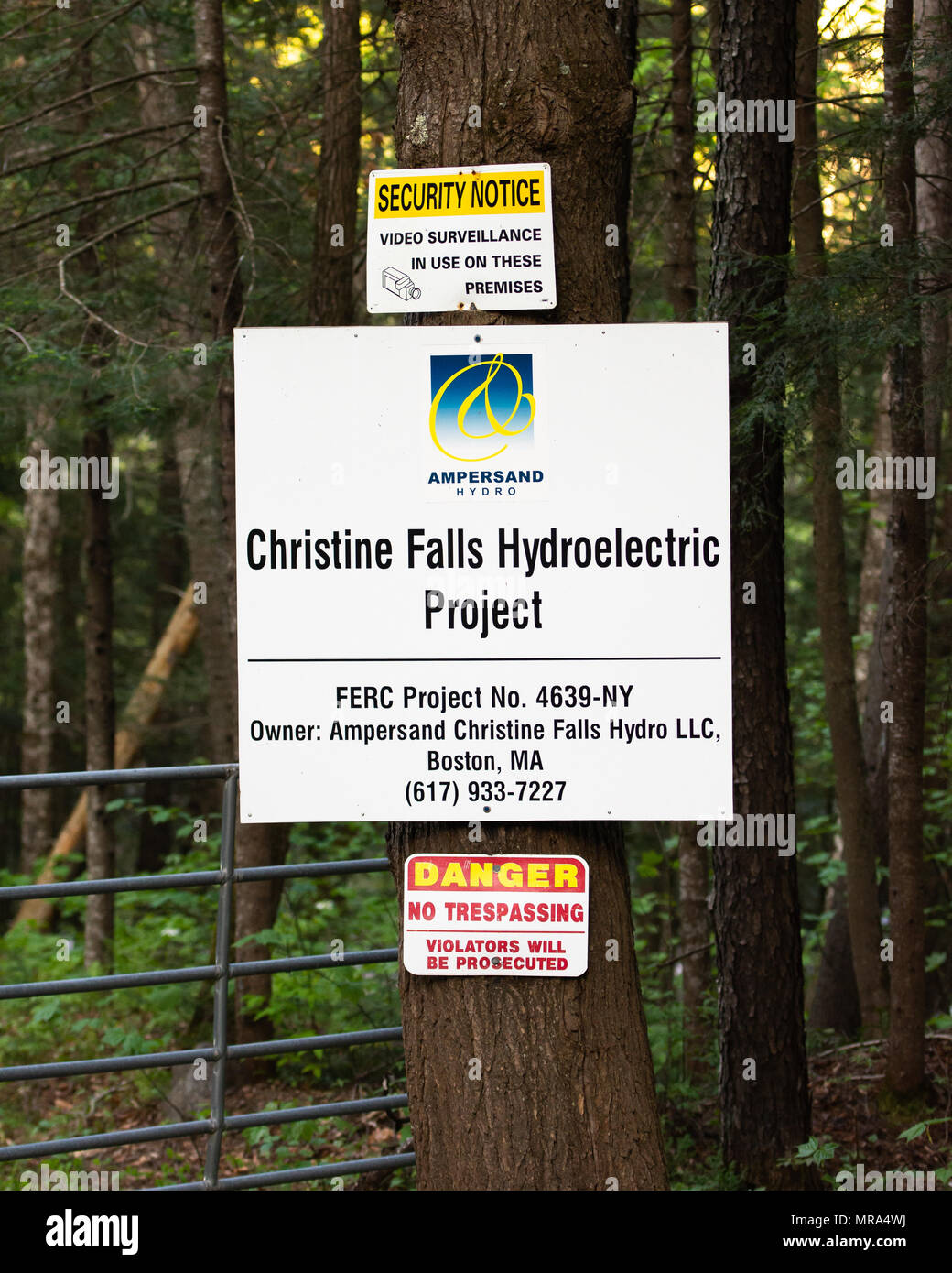 Sign at the entrance to the Christine Falls Hydroelectric Project on the Sacandaga River in the Adirondack Mountains, NY USA Stock Photo