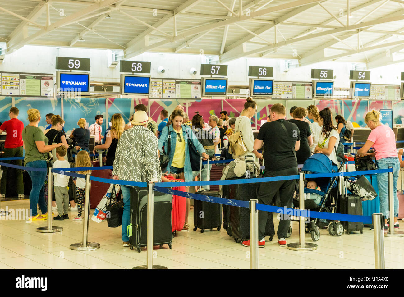Larnaca, Cyprus. May 2018. A view of the ryanair check in desk inside of the departures terminal  at Larnaca airport, Cyprus, Stock Photo