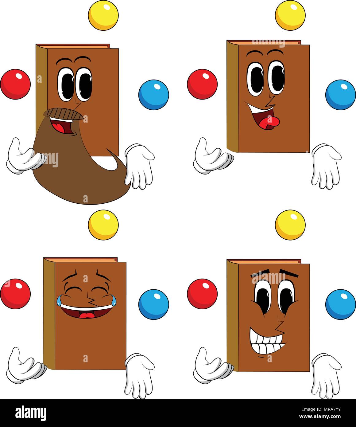 Books juggler. Cartoon book collection with happy faces. Expressions vector set. Stock Vector