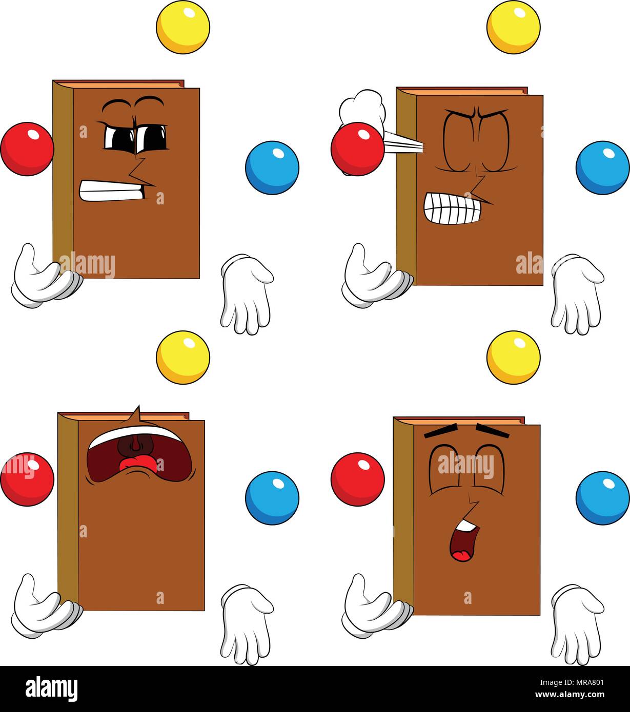 Books juggler. Cartoon book collection with angry and sad faces. Expressions vector set. Stock Vector
