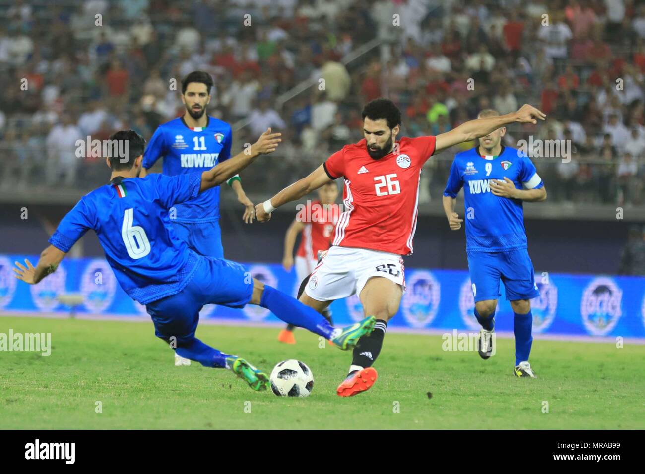 Kuwait City. 25th May, 2018. Mahmoud Abdel Aziz (C) of Egypt shoots to  score during a friendly match against Kuwait at Jaber Al-Ahmad  International Stadium in Kuwait City, Kuwait on May 25,