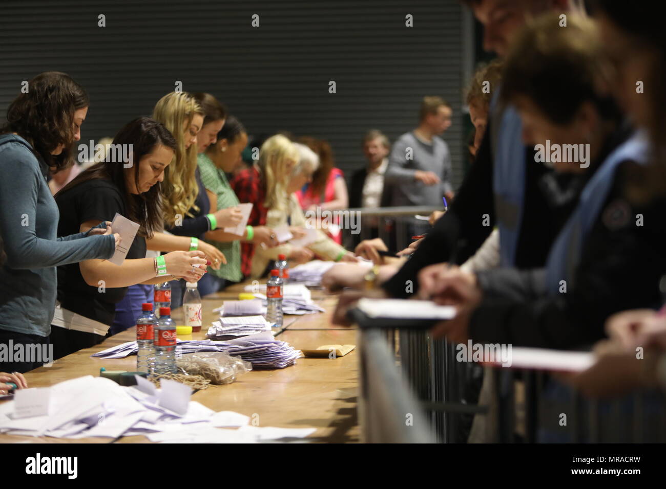 Dublin, Ireland, 26 May 2018. Abortion Referendum count. Pictured, ballots are sorted as the count begins this morning in the RDS, Dublin, in the Irish referendum to repeal the 8th Amendment. Photo: Leah Farrell / RollingNews.ie Credit: RollingNews.ie/Alamy Live News Stock Photo