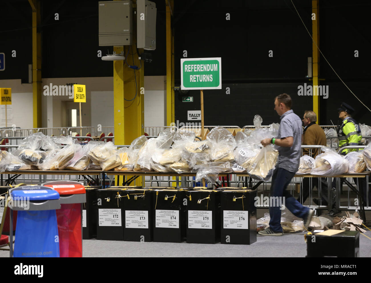 Dublin, Ireland, 26 May 2018. Dublin Count Center - RDS. Pictured un opened ballot boxes from the Referendum of the 36th Amendment to the Constitution Bill 2018 in the Dublin Count Center, RDS. Photo: Sam Boal/RollingNews.ie Stock Photo