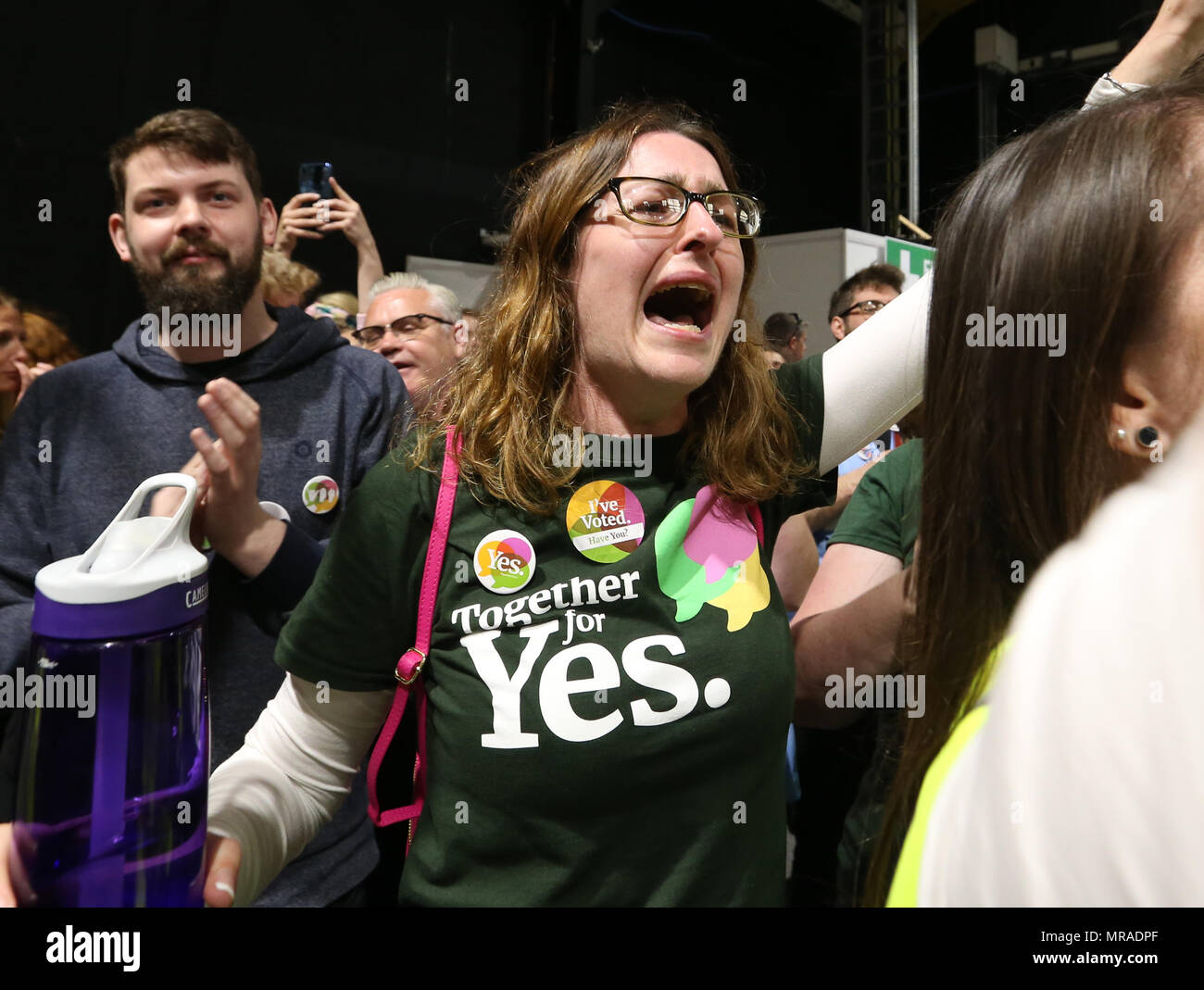 Dublin, Ireland, 26 May 2018.  Abortion Referendum count. Pictured Clare O'Reilly from Finglas celebrating during the count this morning in the RDS, Dublin, in the Irish referendum to repeal the 8th Amendment. Photo: Sam Boal / RollingNews.ie Stock Photo