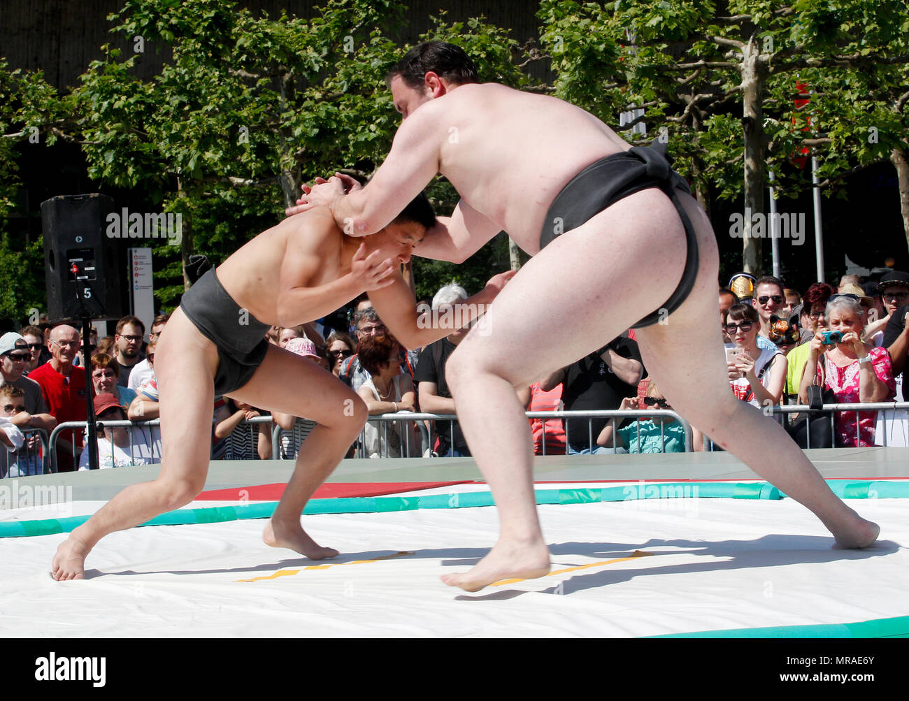 Duesseldorf, Germany, 26 May 2018, Two sumo wrestlers present their sport at the 17th Japan Day festivities. With its 7000 members, Duesseldorf's Japanese community is the third largest in Europe. Photo: Roland Weihrauch/dpa Stock Photo
