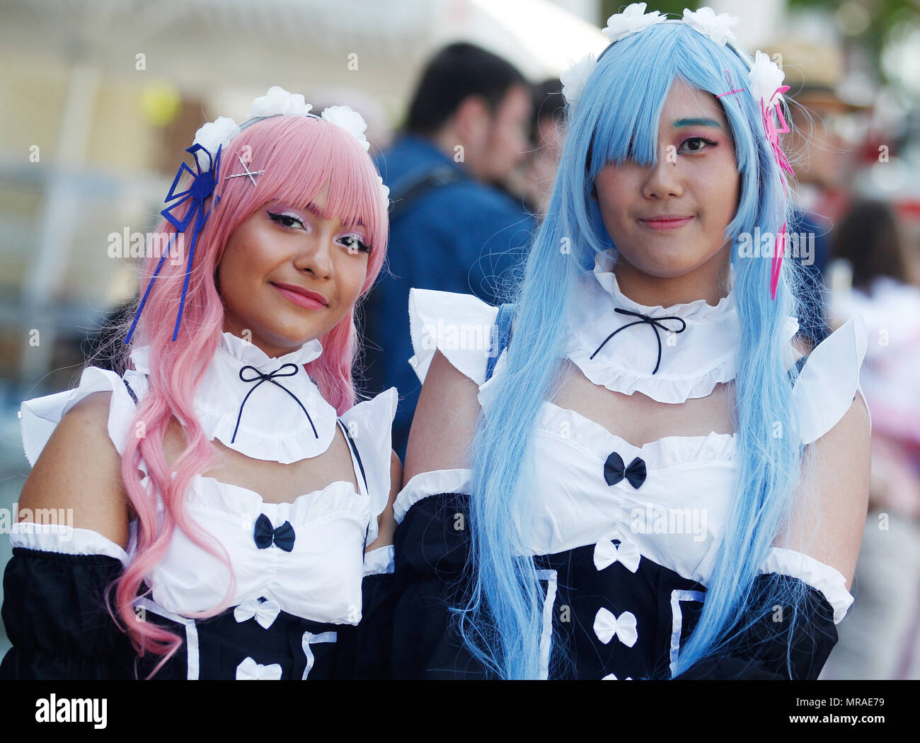 Duesseldorf, Germany, 26 May 2018, Young cosplayers take part in the 17th Japan Day festivities. With its 7000 members, Duesseldorf's Japanese community is the third largest in Europe. Photo: Roland Weihrauch/dpa Stock Photo