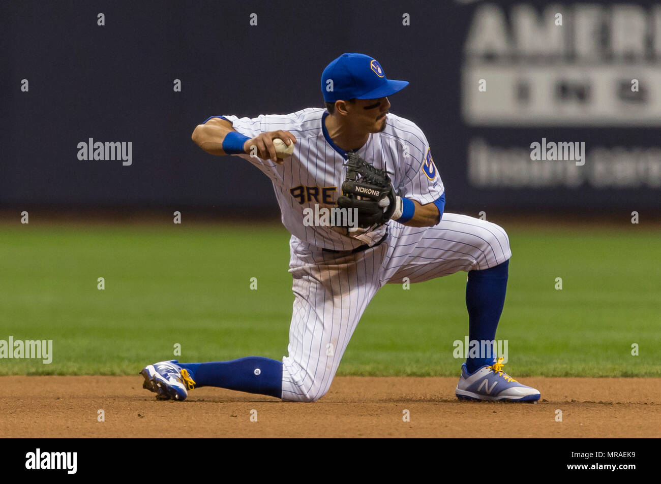 May 25, 2018: Milwaukee Brewers second baseman Tyler Saladino #13 turns a double play during the Major League Baseball game between the Milwaukee Brewers and the New York Mets at Miller Park in Milwaukee, WI. John Fisher/CSM Stock Photo