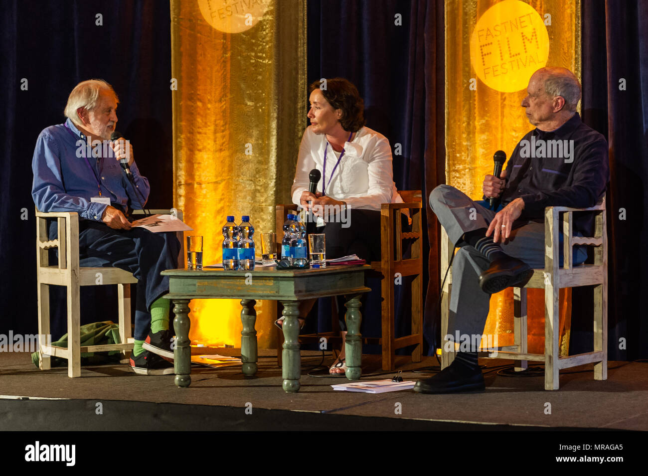 Schull, Ireland. 26th May, 2018. As part of the film festival, film producer Lord David Puttnam (far left) is pictured in conversation with Gwenda Young and Sandy Lieberson in a talk called 'Battle of the Sexes' which discussed gender parity. The festival runs until Sunday. Credit: Andy Gibson/Alamy Live News. Stock Photo