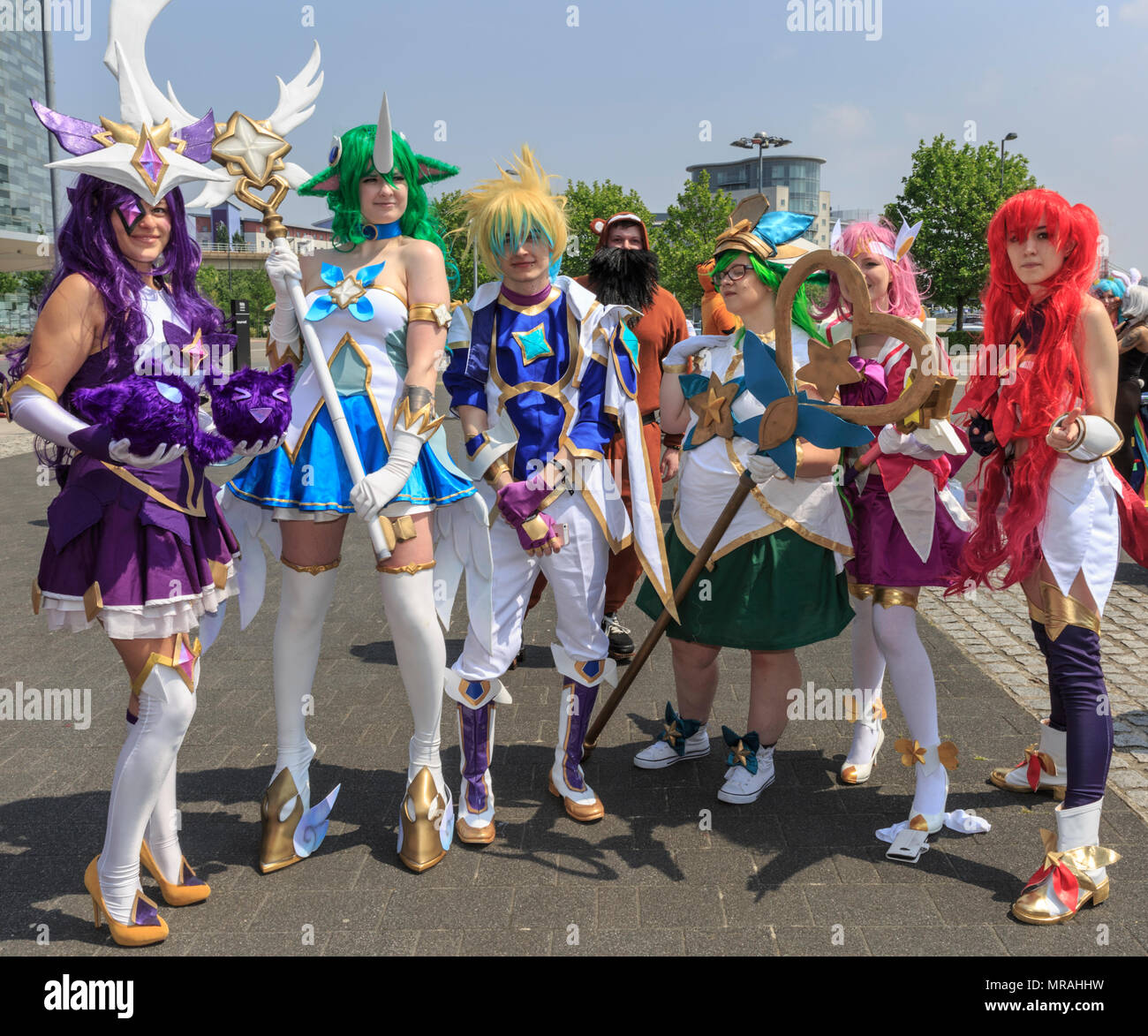 ExCel, London, 26th May 2018. Cosplayers pose as star guardians from League  of Legends. Cosplayers, Comic Characters, superheros and costumed visitors  come together for MCM Comicon 2018 on the second day, a