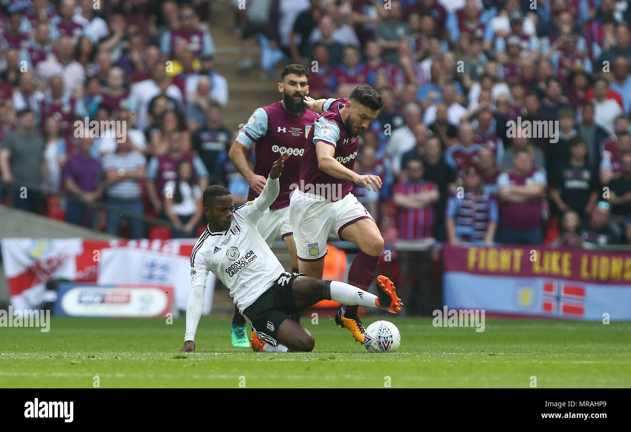 London, UK, 26 May 2018. image may only be used for Editorial purposes. Editorial use only, license required for commercial use. No use in betting, games or a single club/league/player publications. Ryan Sessegnon of Fulham tackles Robert Snodgrass of Aston Villa during the Sky Bet Championship Play-Off Final match between Aston Villa and Fulham at Wembley Stadium on May 26th 2018 in London, England. (Photo by Arron Gent/phcimages.com) Credit: PHC Images/Alamy Live News Stock Photo