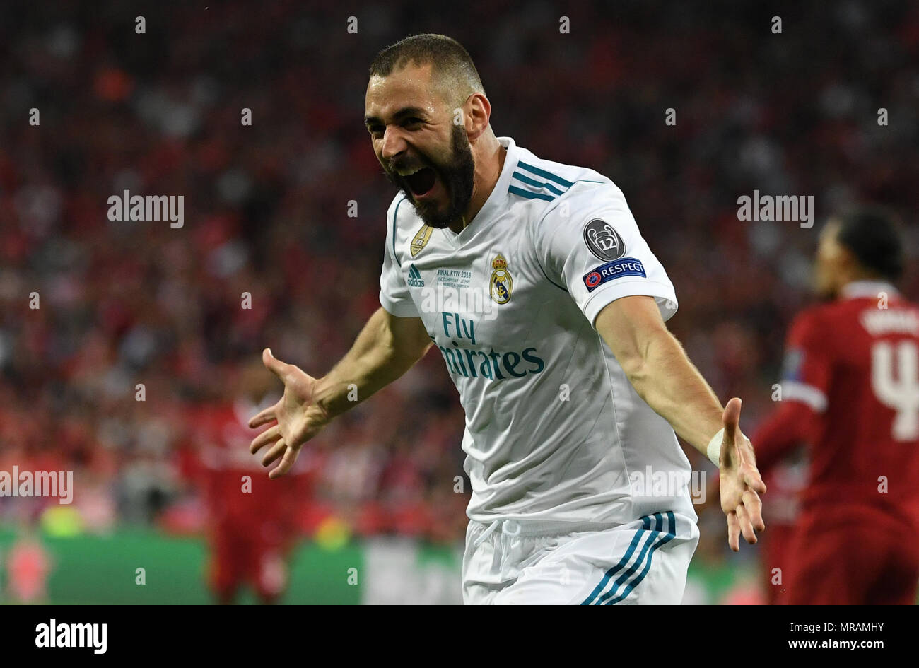 26 May 2018, Ukraine, Kiev: soccer, Champions League, Real Madrid vs FC Liverpool, finals at the Olimpiyskiy National Sports Complex. Madrid's Karim Benzema celebrates his 1-0 goal. Photo: Ina Fassbender/dpa Credit: dpa picture alliance/Alamy Live News Stock Photo