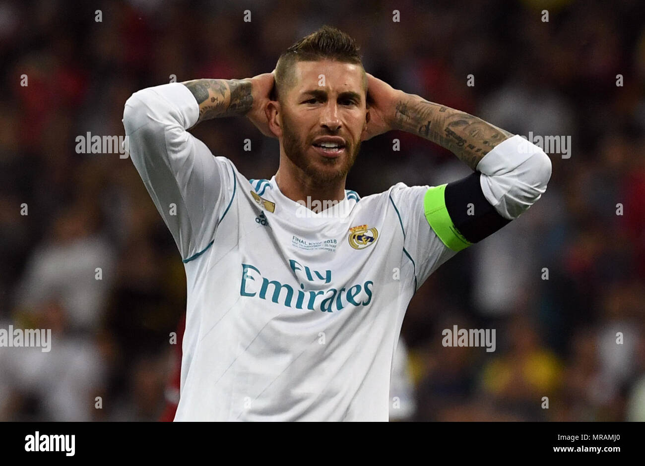 26 May 2018, Ukraine, Kiev: soccer, Champions League, Real Madrid vs FC Liverpool, finals at the Olimpiyskiy National Sports Complex. Madrid's Sergio Ramos puts his hands on his head. Photo: Ina Fassbender/dpa Credit: dpa picture alliance/Alamy Live News Stock Photo