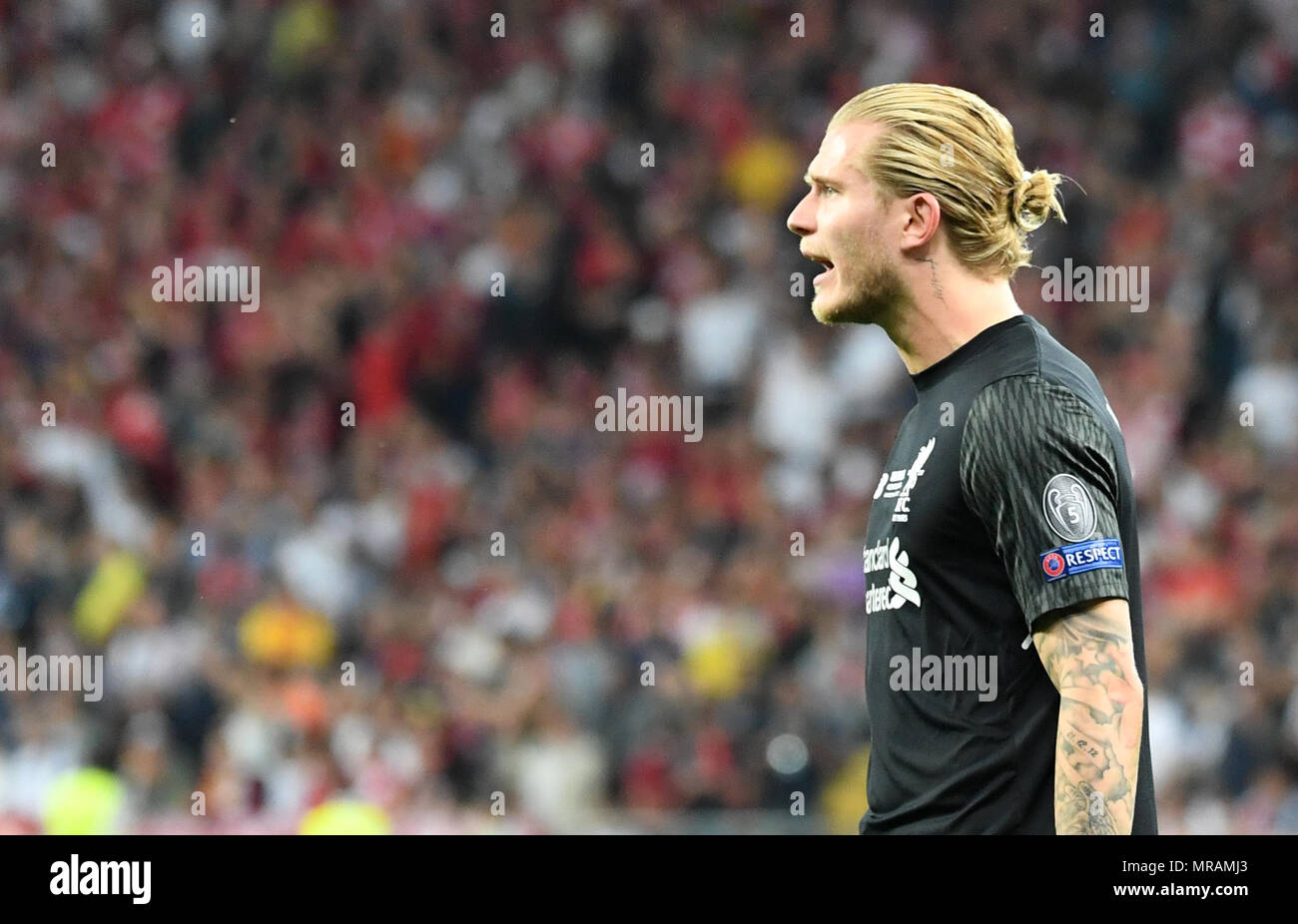 26 May 2018, Ukraine, Kiev: soccer, Champions League, Real Madrid vs FC Liverpool, finals at the Olimpiyskiy National Sports Complex. Liverpool's goalkeeper Loris Karius reacts to the goal by the opponent. Photo: Ina Fassbender/dpa Credit: dpa picture alliance/Alamy Live News Stock Photo