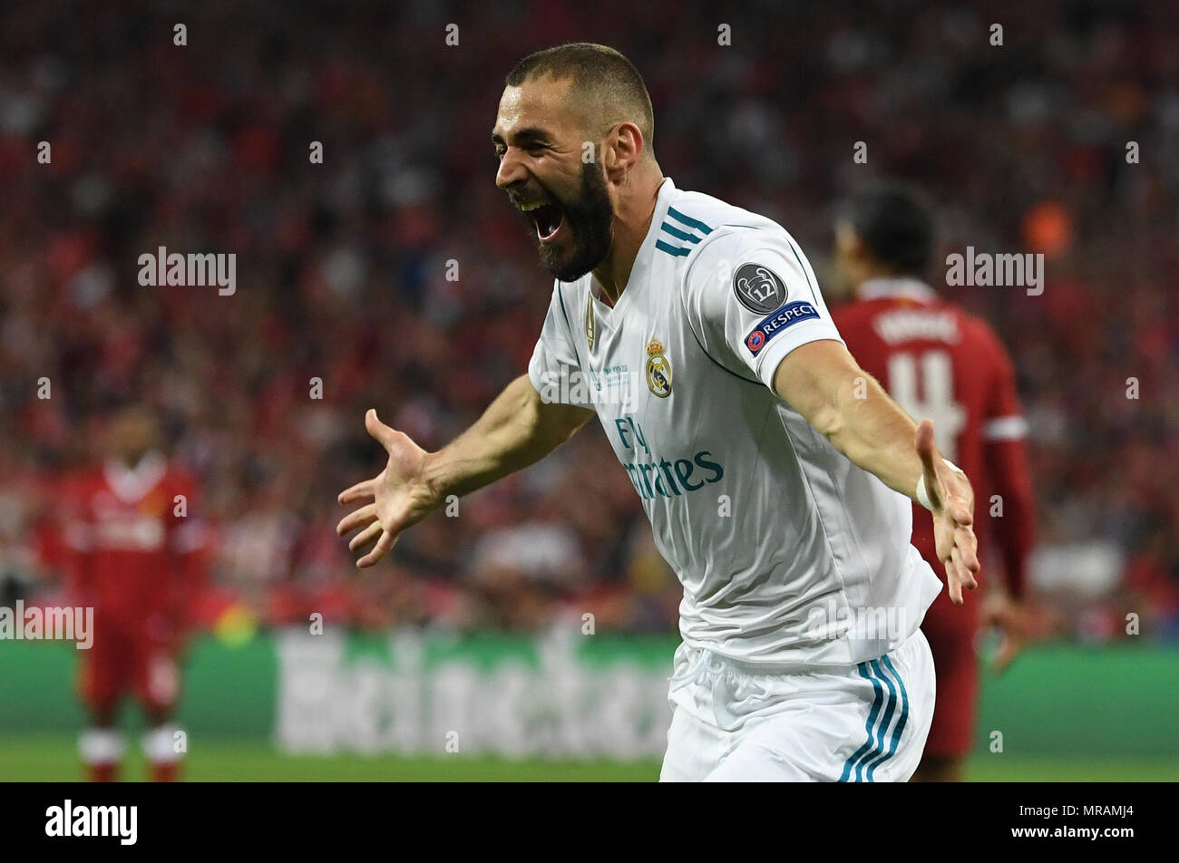 26 May 2018, Ukraine, Kiev: soccer, Champions League, Real Madrid vs FC Liverpool, finals at the Olimpiyskiy National Sports Complex. Madrid's Karim Benzema celebrates his 1-0 goal. Photo: Ina Fassbender/dpa Credit: dpa picture alliance/Alamy Live News Stock Photo